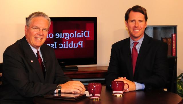 Campbellsville University’s Dr. Keith Spears, vice president for graduate and professional studies, right, interviews Adam Edelen, auditor of public accounts for the Commonwealth of Kentucky, on the “Dialogue on Public Issues” show on Campbellsville University’s WLCU-TV. Spears sat in for John Chowning who is the host of the show. The show will air Sunday, Sept. 16 at 8 a.m.; Monday, Sept. 17 at 1:30 p.m. and 6:30 p.m.; Tuesday, Sept. 18 at 1:30 p.m. and 6:30 p.m.; Wednesday, Sept. 19 at 1:30 p.m. and 6:30 p.m.; Thursday, Sept. 20 at 8 p.m.; and Friday, Sept. 21 at 8 p.m. The show is aired on Campbellsville’s cable channel 10 and is also aired on WLCU FM 88.7 at 8 a.m. Sunday, Sept. 16. (Campbellsville University Photo by Ellie McKinley)