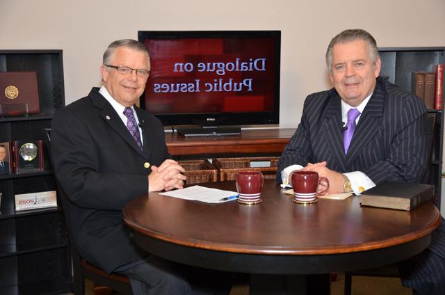 Campbellsville University’s John Chowning, vice president for church and external relations  and executive assistant to the president of CU, right, interviews Dr. Richard Land, president  of the Southern Evangelical Seminary in Charlotte, N.C., for his “Dialogue on Public Issues”  show. The show will air Sunday, Dec. 1 at 8 a.m.; Monday, Dec. 2 at 1:30 p.m. and 6:30 p.m.; and Wednesday, Dec. 4 at 1:30 p.m. and 6:30 p.m. The show is aired on Campbellsville’s cable  channel 10 and is also aired on WLCU FM 88.7 at 8 a.m. and 6:30 p.m. Sunday, Dec. 1.  (Campbellsville University Photo by Drew Tucker)