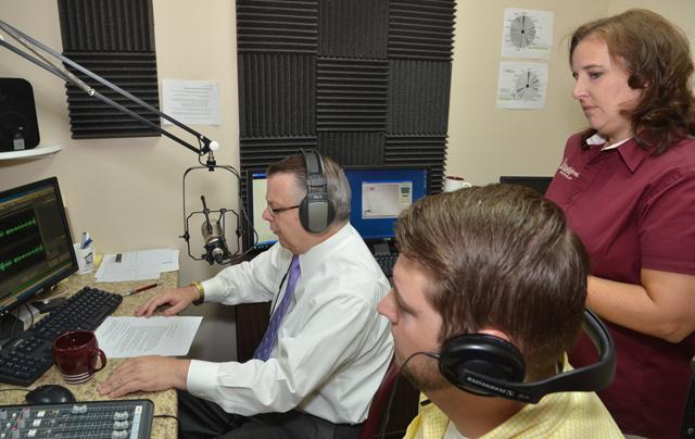 John Chowning's "Dialogue on Public Issues" TV show will be on WLCU-FM 88.7 radio with a call-in interview with U.S. Sen. Rand Paul (R-Ky.) Wednesday, July 25 and Friday, July 27, at 6 o'clock nightly. Chowning, right, interviewed Paul from Washington, D.C. in the Campbellsville University studios at the Office of Broadcast Services. Jeannie Clark, broadcast/digital media producer, left, and Matt Payton, graduate assistant who serves as student radio station manager, helped with the production. Chowning, vice president for church and external relations and executive assistant to the president at CU, talked with Paul about the state of the nation.  (Campbellsville University Photo by Joan C. McKinney)